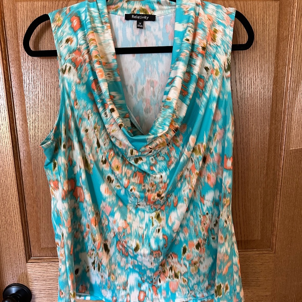 Relativity Cowl Neck Career Tank.  Teal Blue & Peach Pattern.  Size 1X.